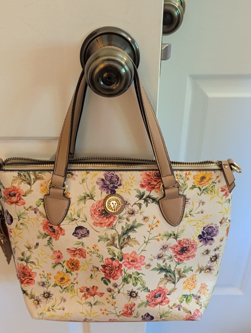 Anne Klein Floral Print Tote Handbag in Cream and Multicolor